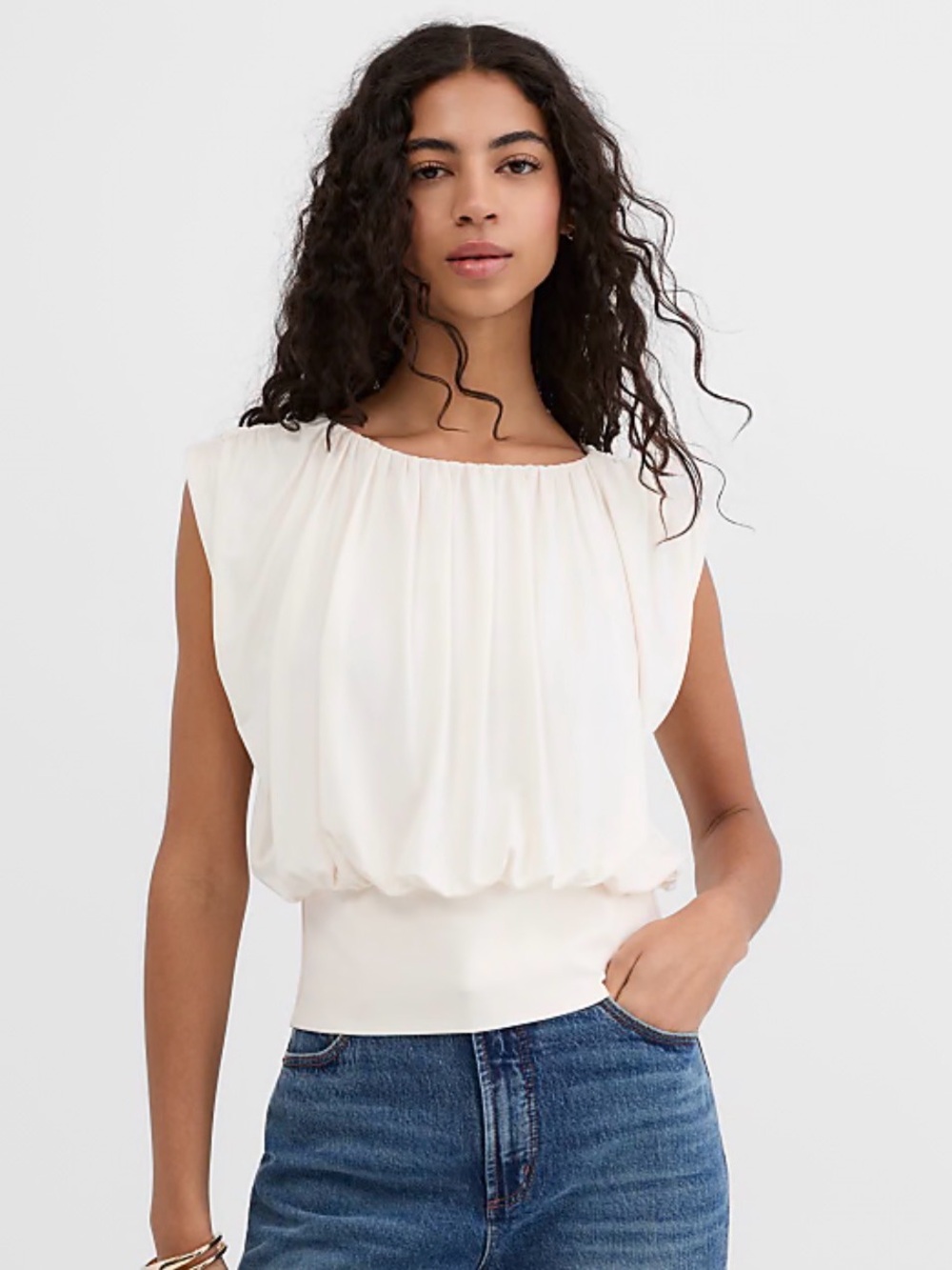 LOFT Pleated Banded Hem Top in Whisper White